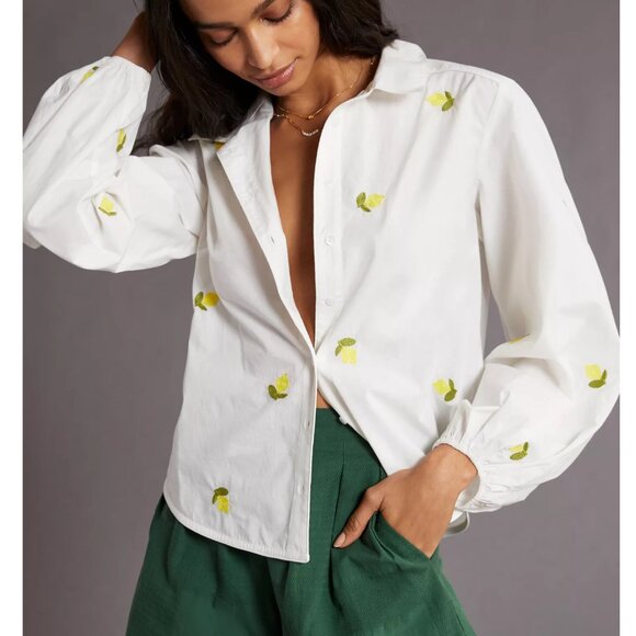 Anthropologie Maeve Embroidered Button Down Blouse White XL - Picture 2 of 13